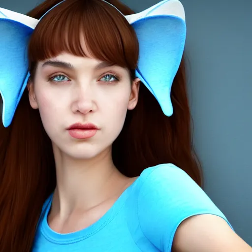 Image similar to Perfectly-Centered Portrait of a Realistic Beautiful Young Woman Wearing Fake-Cat-Ears and t-shirt and shorts, perfect female specimen, intricate, elegant, super highly detailed, professional digital painting, artstation, concept art, smooth, sharp focus, no blur, no dof, extreme illustration, Unreal Engine 5, Photorealism, HD quality, 8k resolution, cinema 4d, 3D, beautiful, cinematic, art by artgerm and greg rutkowski and alphonse mucha and loish and WLOP