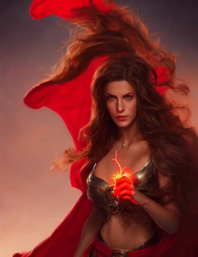 Image similar to a brown - haired woman with a red cape hovering in the air glowing with red light and crackling energy, by frank fazetta and peter mohrbacher, trending on artstation, digital art, 4 k resolution, detailed, high quality, sharp focus, hq artwork, coherent, insane detail, concept art, character concept, character full body portrait