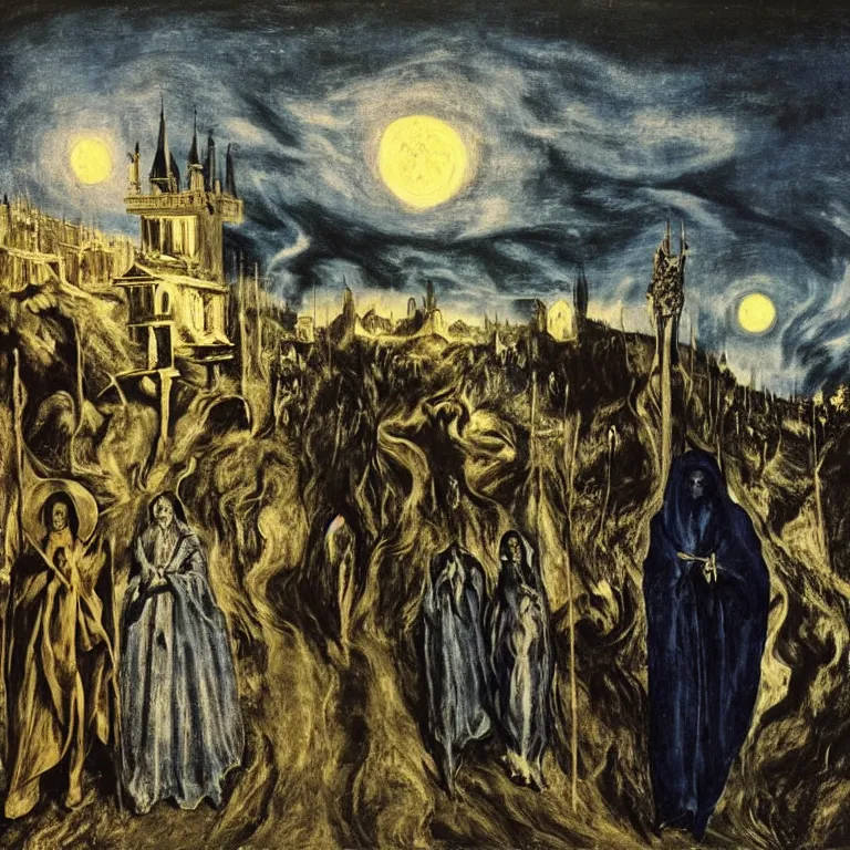 Prompt: A Holy Week procession of four souls in a Spanish landscape at night. A figure at the front holds a cross. El Greco, Remedios Varo, Salvador Dali, Carl Gustav Carus, John Atkinson Grimshaw. Blue tint.