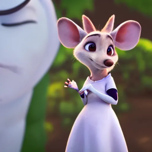 Image similar to 3 d render, portrait, headshot, closeup, anthropomorphic mouse, female, in a maxi white dress, in the style of zootopia, closeup