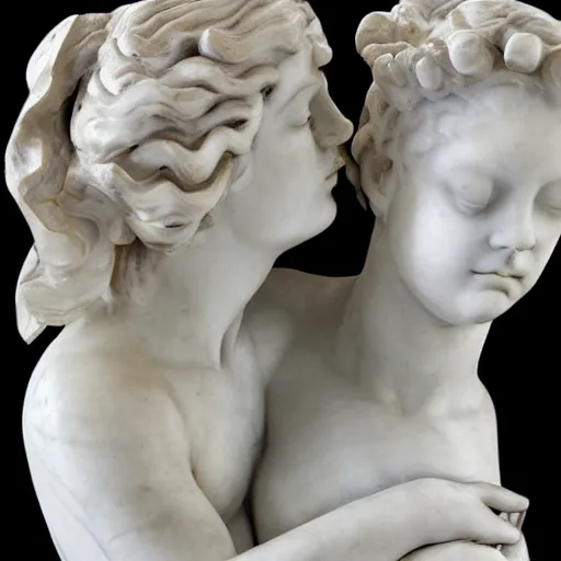 Prompt: sculpture of venus de milo and aphrodite hugging each other, hyperrealistic style in carrara marble