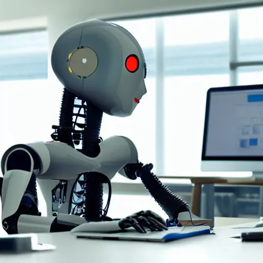 Prompt: a writer sitting at his desk and working, beside him a robot is lurking at his work