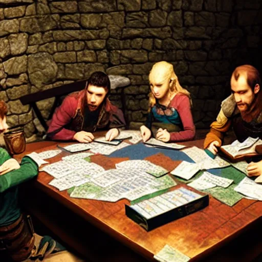 Prompt: A Group of Dragons Playing D&D in their Lair