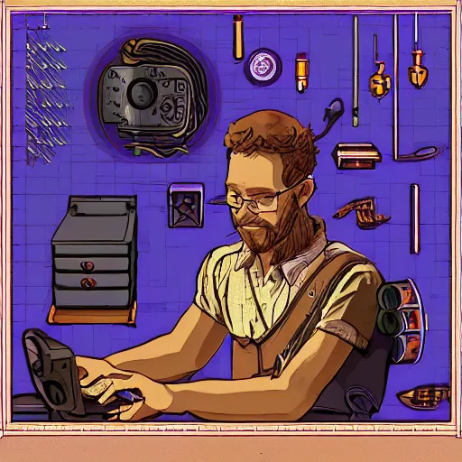 Image similar to a aesthetic portrait of a tinkerer working on ancient machines to do magic