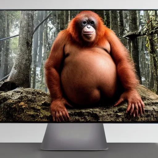Prompt: fat northern english man looking very confused, staring at a picture of an orangutan, very detailed, 4 k, studio lighting