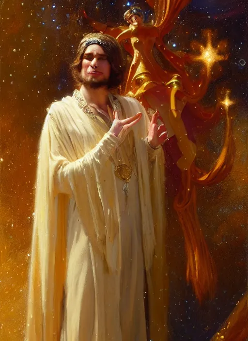 Image similar to billy hill, god of starlight, modest flowing gown, smug expression, highly detailed painting by gaston bussiere, craig mullins, j. c. leyendecker 8 k, sparkling nebula