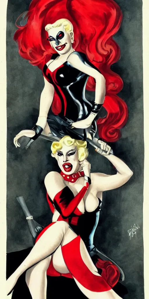 Image similar to pinup illustration of lady gaga as harley quinn, by enoch bolles