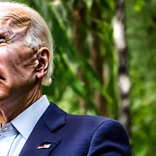 Prompt: a closeup photo of concerned Joe Biden lost in the jungle