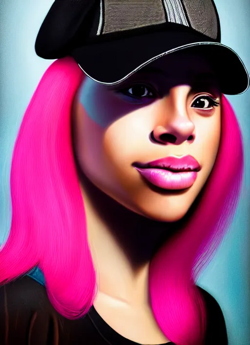 Image similar to portrait of teenage vanessa morgan with bright pink hair, black girl, vanessa morgan, curly pixie cut hair, wearing newsboy cap, newsboy cap, hoop earrings, intricate, elegant, glowing lights, highly detailed, digital painting, artstation, concept art, smooth, sharp focus, illustration, art by wlop, mars ravelo and greg rutkowski