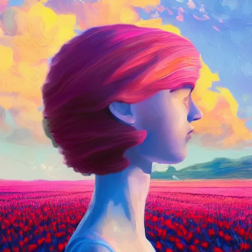 Image similar to girl with a giant tulip head, surreal photography, flower field, sunset dramatic light, impressionist painting, colorful clouds, blue sky, digital painting, artstation, simon stalenhag