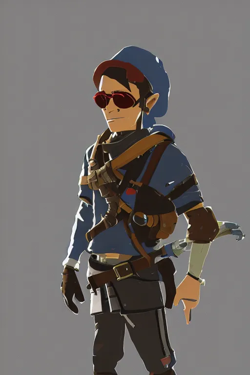 Image similar to an in game portrait of tf 2 spy from the legend of zelda breath of the wild, breath of the wild art style.