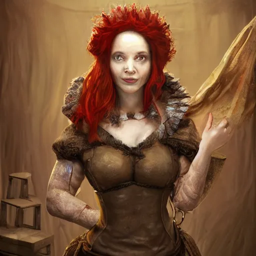 Prompt: hyperrealistic mixed media painting of a beautiful grinning charasmatic female rogue princess bed maiden, dimly lit cozy tavern, crimson leather tunic, confident relaxed pose, d&d, stunning 3d render inspired art by Tim Okamura and Lise Deharme + perfect facial symmetry + dim volumetric lighting, 8k octane beautifully detailed render, post-processing, extremely hyperdetailed, intricate, epic composition, grim yet sparkling atmosphere, cinematic lighting + masterpiece, trending on artstation, very very detailed, masterpiece, stunning