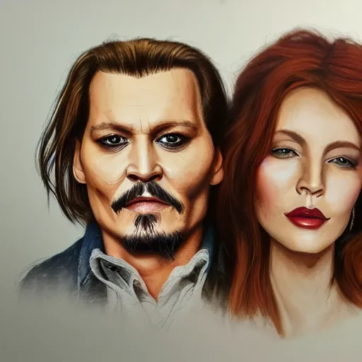 Image similar to portrait of johnny depp with his new girlfriend ginger hair woman detailed face detailed 8 k