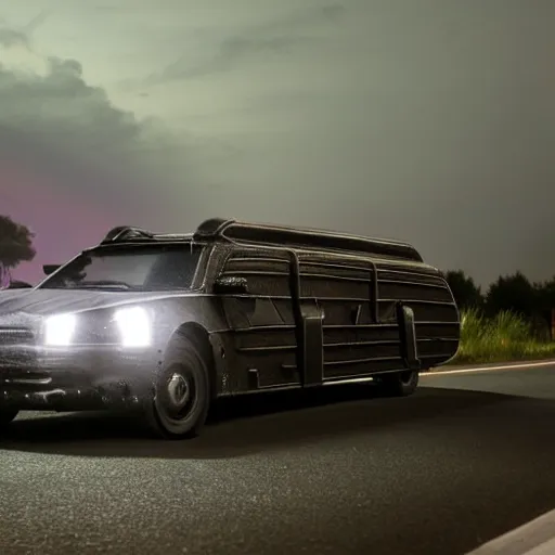 Prompt: an armored battle hearse driving on a road at night