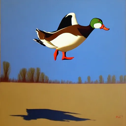 Prompt: a duck on the prowl oil painting erik bulatov