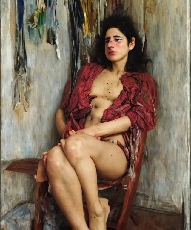 Image similar to a color photograph of persian young woman in her home, by nan goldin, out of place, intense, bold, exaggerated, over proportion, painted over by jenny saville, hyperrealistic, ultra sharp, extra details, ultra high quality,