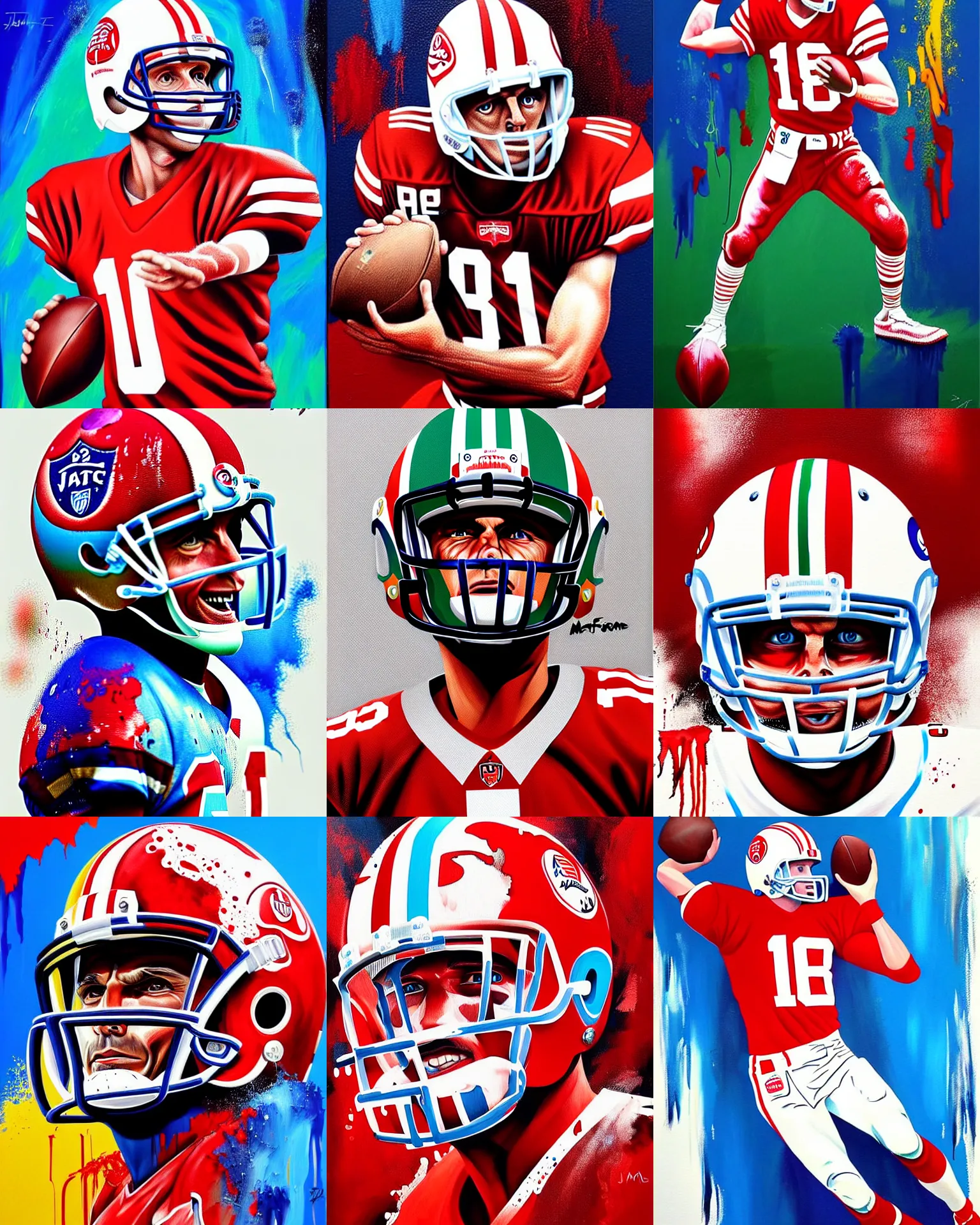 Prompt: joe montana, drip painting, splash painting, highly detailed, simple, no jagged lines, smooth, artstation, centered artwork by dface