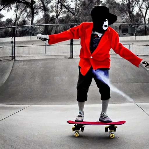 Image similar to a clown smoking a cigarette while skateboarding at a skate park on a sunny sunday morning, award winning photography, fisheye lens, detailed eyes, sports photography,