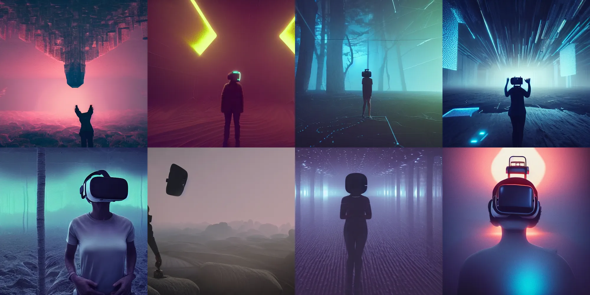 Image similar to beautiful dark landscape, person screaming wearing virtual reality, in the style of beeple and Mike Winkelmann, intricate, epic lighting, cinematic composition, hyper realistic, 8k resolution, unreal engine 5,