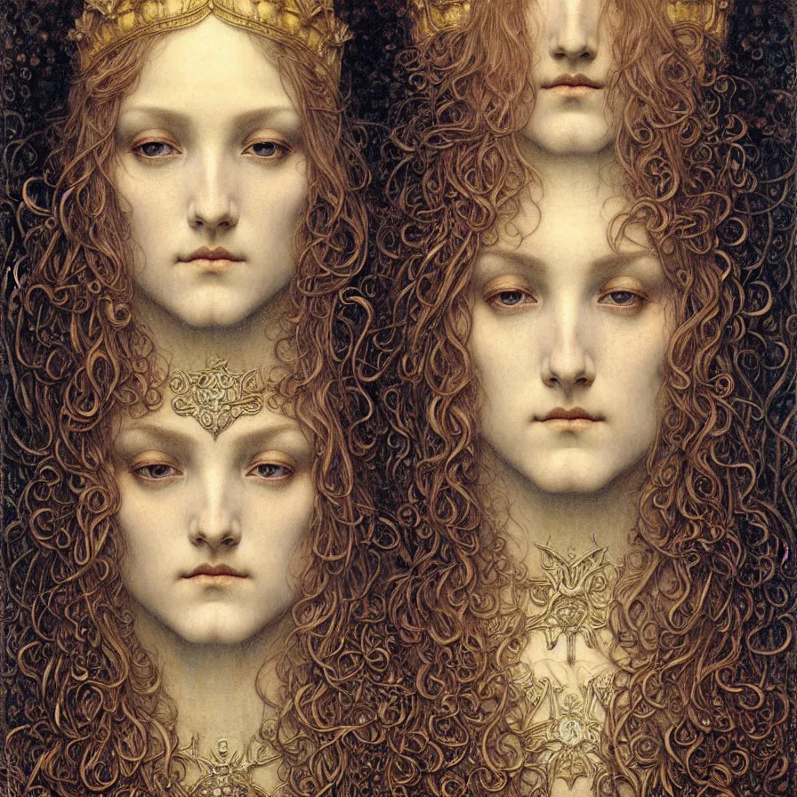 Image similar to detailed realistic beautiful young medieval queen face portrait by jean delville, gustave dore and marco mazzoni, art nouveau, symbolist, visionary, gothic, pre - raphaelite. horizontal symmetry