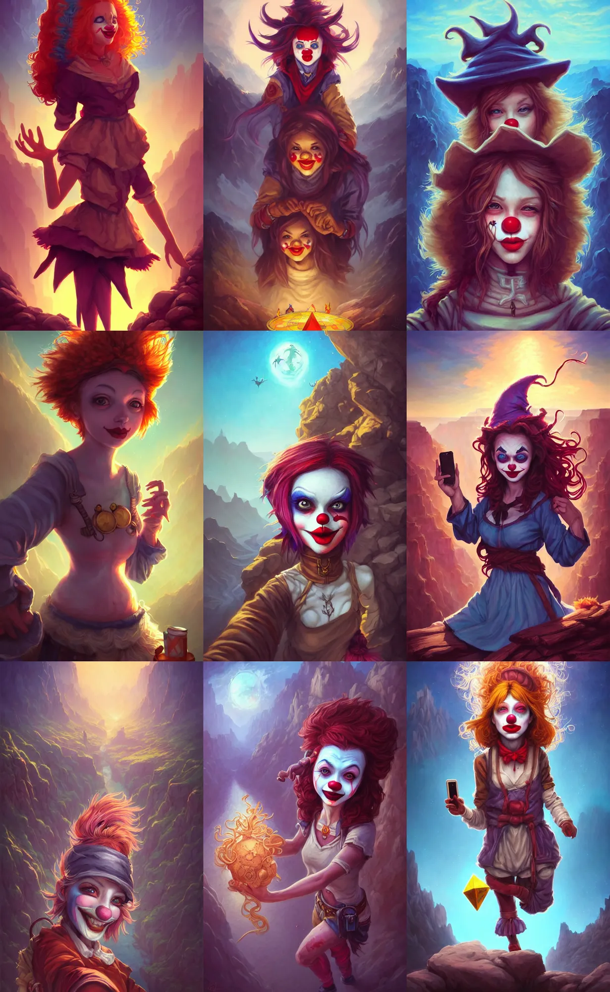 Prompt: selfie by cute hobo clown girl at the top of the grand canyon, magic realism, fantasy, whimsical, dungeons and dragons, magic the gathering, league of legends, art by randy vargas, art by artgerm, art by alex garner, art by anato finnstark intricately detailed, highly detailed, trending on artstation