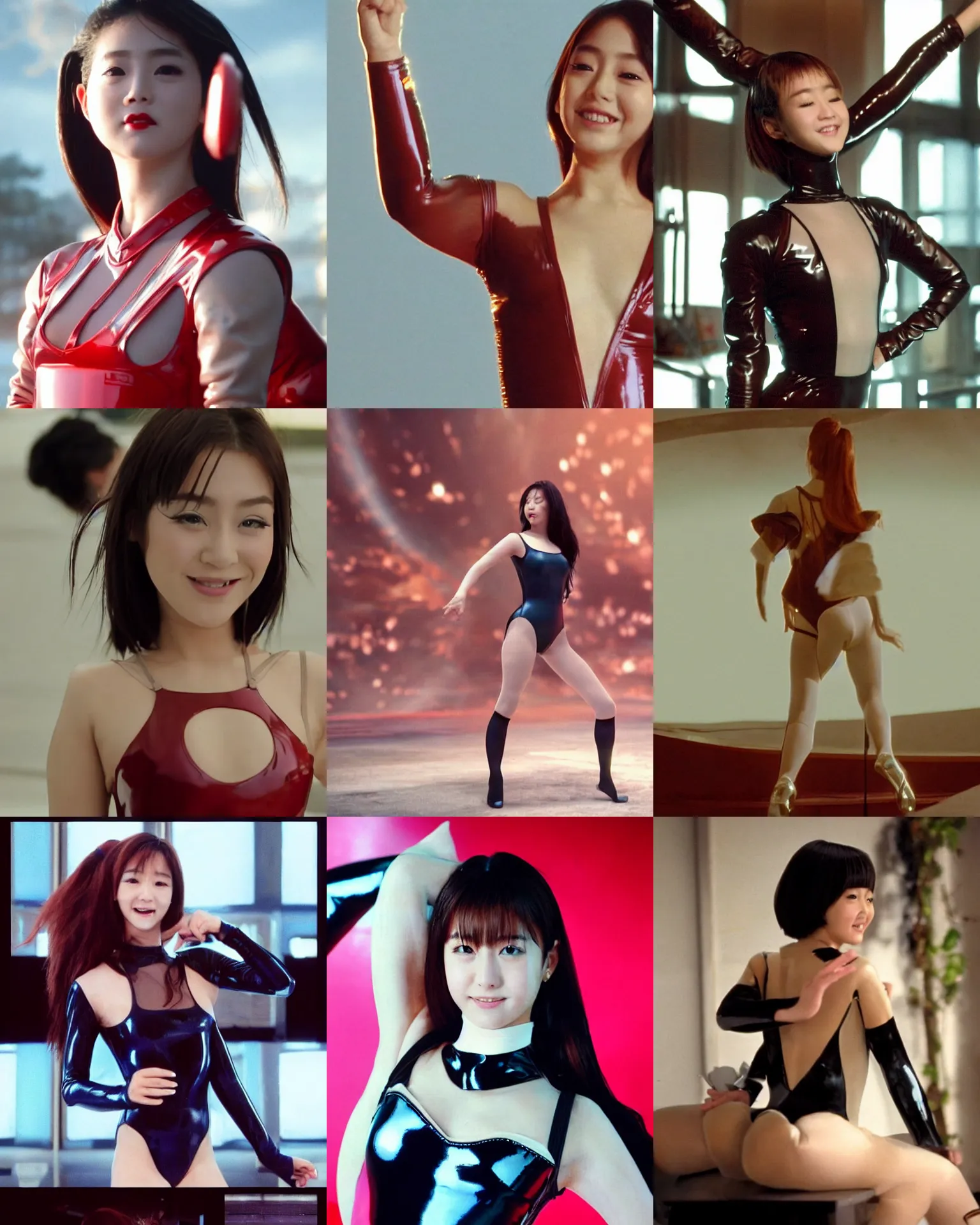 Image similar to Worksafe,clothed.1990s,unbelievably beautiful,perfect,dynamic,epic,cinematic movie shot of a close-up beautiful cute young J-Pop idol actress girl in latex leotard,expressing joy.By a Iranian movie director.Motion,VFX,Inspirational arthouse,high budget,hollywood style,at Behance,at Netflix,Instagram filters,Photoshop,Adobe Lightroom,Adobe After Effects,taken with polaroid kodak portra