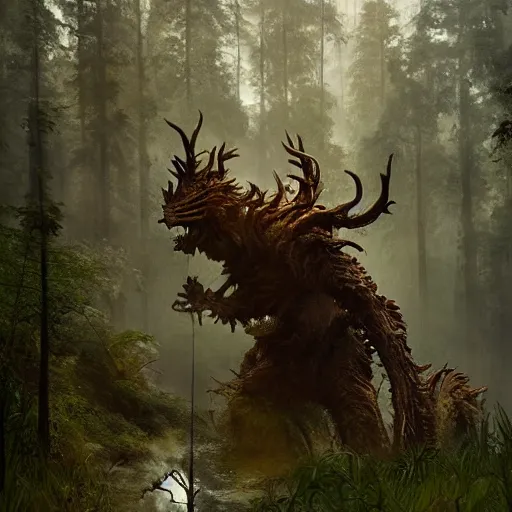 Prompt: a giant creature toweringover the forest, 8 k octane beautifully detailed render, post - processing, extremely hyper - detailed, intricate, epic composition, cinematic lighting, masterpiece, trending on artstation, masterpiece, stunning art by anders zorn, wonderful masterpiece by greg rutkowski, beautiful cinematic