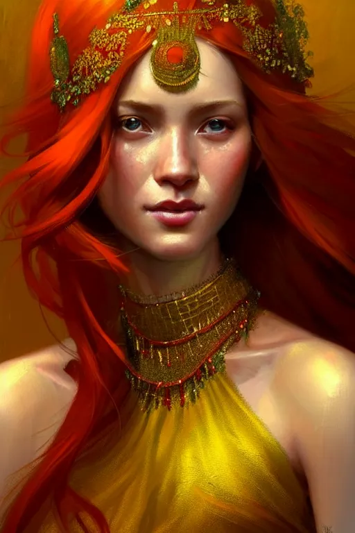 Prompt: Highly detailed painting of a beautiful young woman with long red hair by Craig Mullins and Ross Tran, subtle smile, wearing a fancy dress, Golden fabric Background, Golden thread, intricate patterns, Emerald Earrings, ambient lighting, Trending on artstation, pinterest, cgsociety, 4k, 8k, HDR, award winning, unreal engine