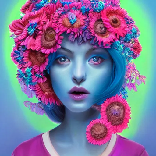 Prompt: an intelligent young women with blue hair lookingat the camera, she has a beautiful unconventional face, she is surrounded by an explosion of flowers in neon pink and blue intricate, elegant, highly detailed, digital painting, artstation, concept art, pop, smooth, sharp focus, illustration, art by mark ryden and gaston bussiere 3 d 8 k ultra detailed