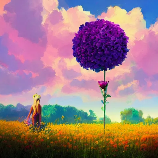 Image similar to large flower head, girl floating in a flower field, surreal photography, sunrise dramatic light, impressionist painting, colorful clouds, digital painting, artstation, simon stalenhag