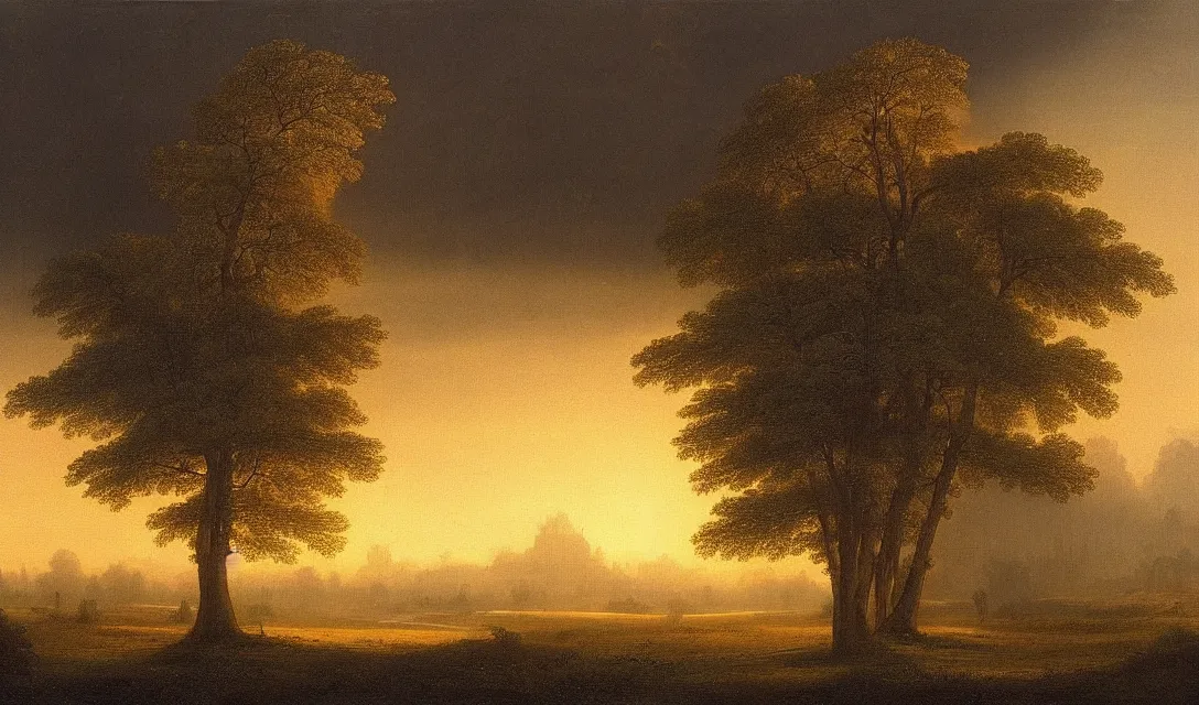 Image similar to a diamond tree forest at sunset, there is golden castle off in the distance, highly detailed landscape painting by claude lorrain but as photography, golden hour, misty ominous atmosphere