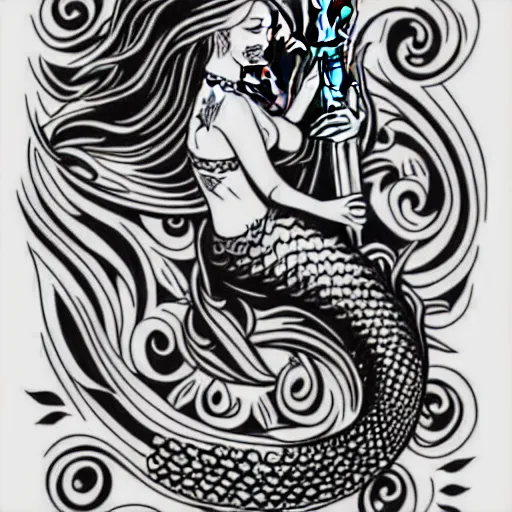 Image similar to american traditional tattoo art of a mermaid playing the saxophone, line art, sheet paper