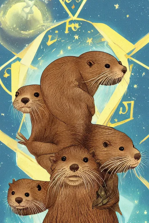 Prompt: Rider-Waite tarot card: Five of Otters, artstation, concept art, 4k