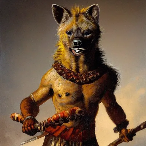 Prompt: A very detailed oil painting of an anthropomorphic hyena dressed like a Hoplite, Ancient Greece, backlit, very beautiful painting