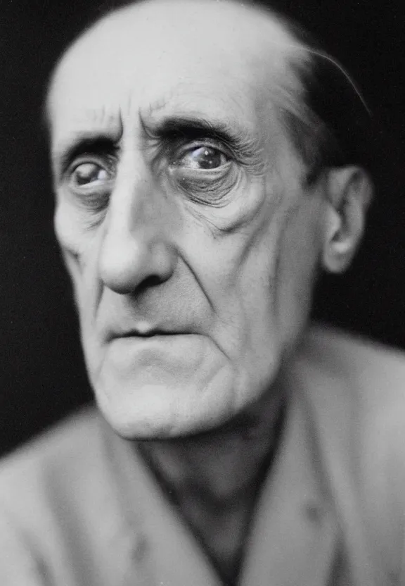 Image similar to a close - up casual photo of marcel duchamp with pensive eyes, 1 9 2 0 s monochrome snapshot, graflex 4 x 5, f 1. 8, 3 5 mm, ilford delta 3 2 0 0 pro