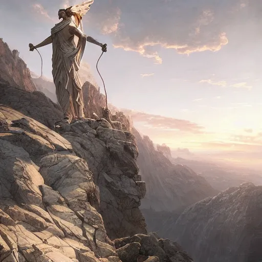 Image similar to Beautiful cinematic scene of a gigantic marble statue of a goddess on top of a mountain, epic, megalophobia, cinematic lighting, insanely detailed, painting by Greg Rutkowski, Artstation