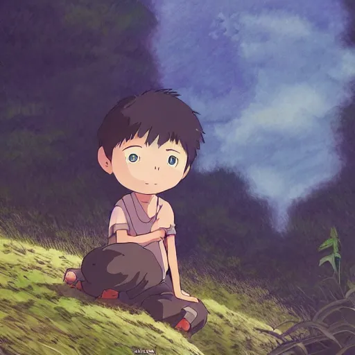 Image similar to friendly guy and small creature , with Fragile looking character portrait face made in Studio Ghibli artstyle ,highly detailed art, beautiful scene, sharp focus, smooth, 8k, anime art, fantasy, style in ghibli anime style