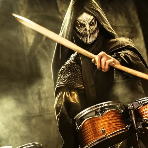 Image similar to Witchking from the lord of the rings playing drums, realism, photo realistic, high quality, misty, hazy, ambient lighting, cinematic lighting, studio quality