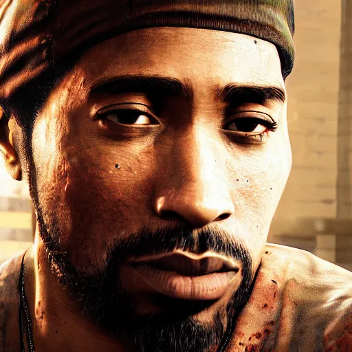 Image similar to high quality 8k screenshot of tupac shakur inThe Last Of Us, 8k full body model very rusty torn out texture