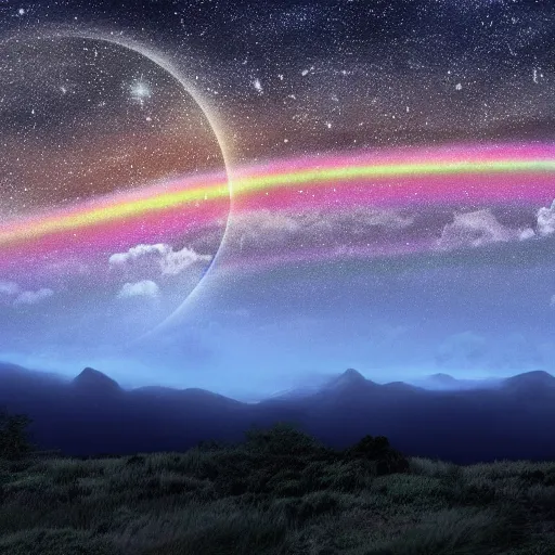 Prompt: fantasy world zoomed out mountains silhouette in the dark rainbow sky, 8 k, hd