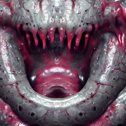 Prompt: realistic long textured tongue, wet humanoid alien,, dripping acid saliva, smoke, mouth in mouth, 8 alien eyes, metallic fangs, thin red veins, grey snake scale skin, cinematic light shadows, slimy reflections, crawling in a sewer pipe, flashlight lighting, insanely detailed