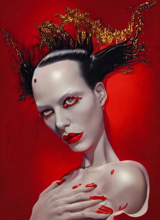 Prompt: an 8 0 s portrait of a woman with dark eye - shadow and red lips with dark slicked back hair with alexander mcqueen face beads dreaming acid - fueled hallucinations by serge lutens, rolf armstrong, delphin enjolras, peter elson, red cloth background