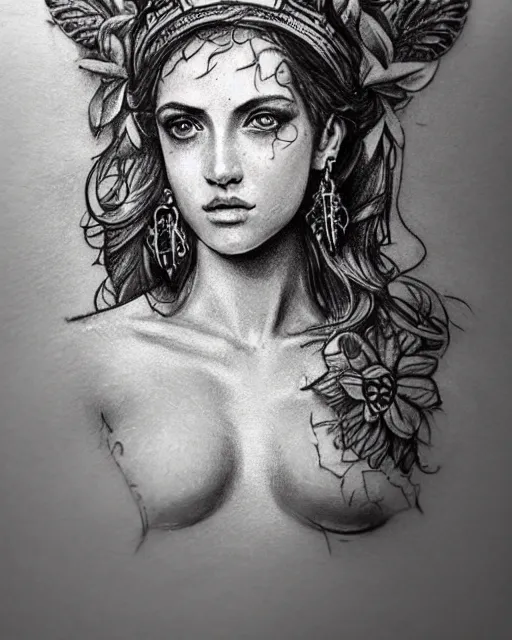 Image similar to realism tattoo sketch of a beautiful greek goddess aphrodite with piercing eyes wearing a laurel wreath and triangle earrings, in the style of greg rutkowski, amazing detail