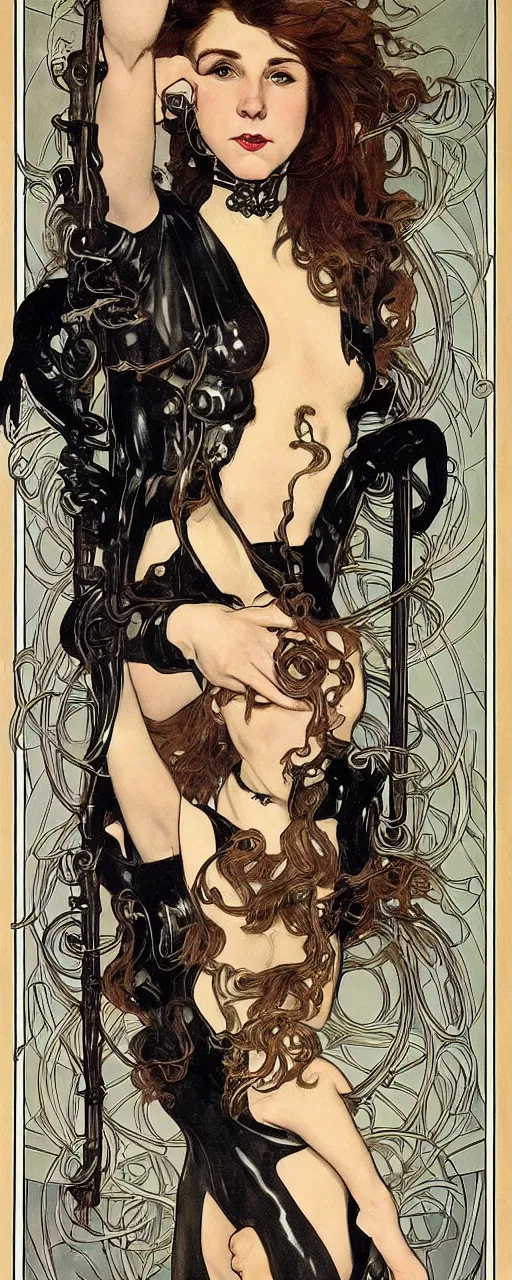 Image similar to striking sensual industrial art nouveau style portrait of kitty pryde as a norwegian black metal singer by michael kaluta, simon bisley and alphonse mucha, photorealism, extremely hyperdetailed, perfect symmetrical facial features, perfect anatomy, ornate declotage, weapon, latex, excited expression, wild eyes