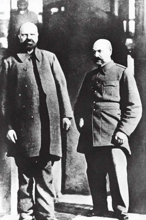 Image similar to Lenin und Stalin denken an alle Menschen zerstören. 1917 Jahre, foto in farbe.