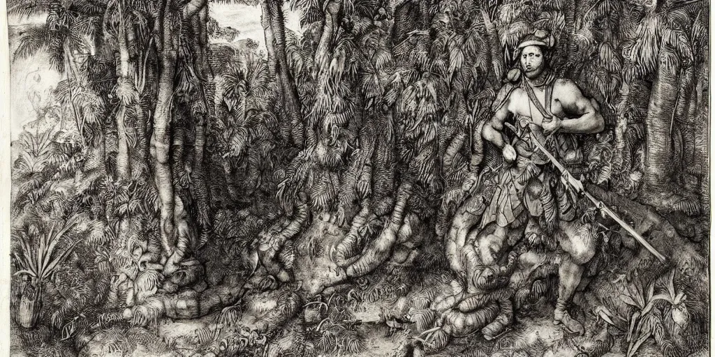 Prompt: A colonial soldier with a snake head, in a tropical forest by Albrecht Dürer, ink, engraving, 17th century, landscape