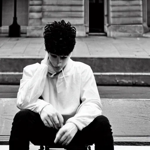 Image similar to black and white fashion photograph, highly detailed portrait of a depressed white drug dealer sitting on a bench on a busy Paris street, looking into camera, eye contact, natural light, rain, mist, lomo, fashion photography, film grain, soft vignette, sigma 85mm f/1.4 1/10 sec shutter, Daren Aronofsky film still promotional image, IMAX 70mm footage