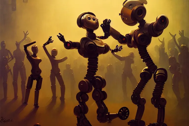 Image similar to robots expressively dancing by otto dix and greg rutkowski and andreas rocha, cinematic lighting, highly detailed, warm colours, 4 k