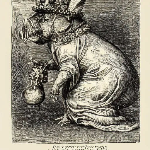 Image similar to a detailed woodcut of a pig in a gold crown by Gustave Doré