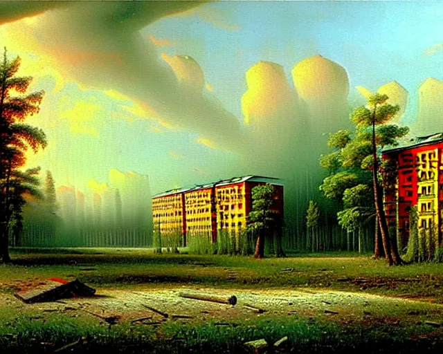 Prompt: beautiful matte painting of cute soviet block of flats hrushevka in end of forest by ivan shishkin,